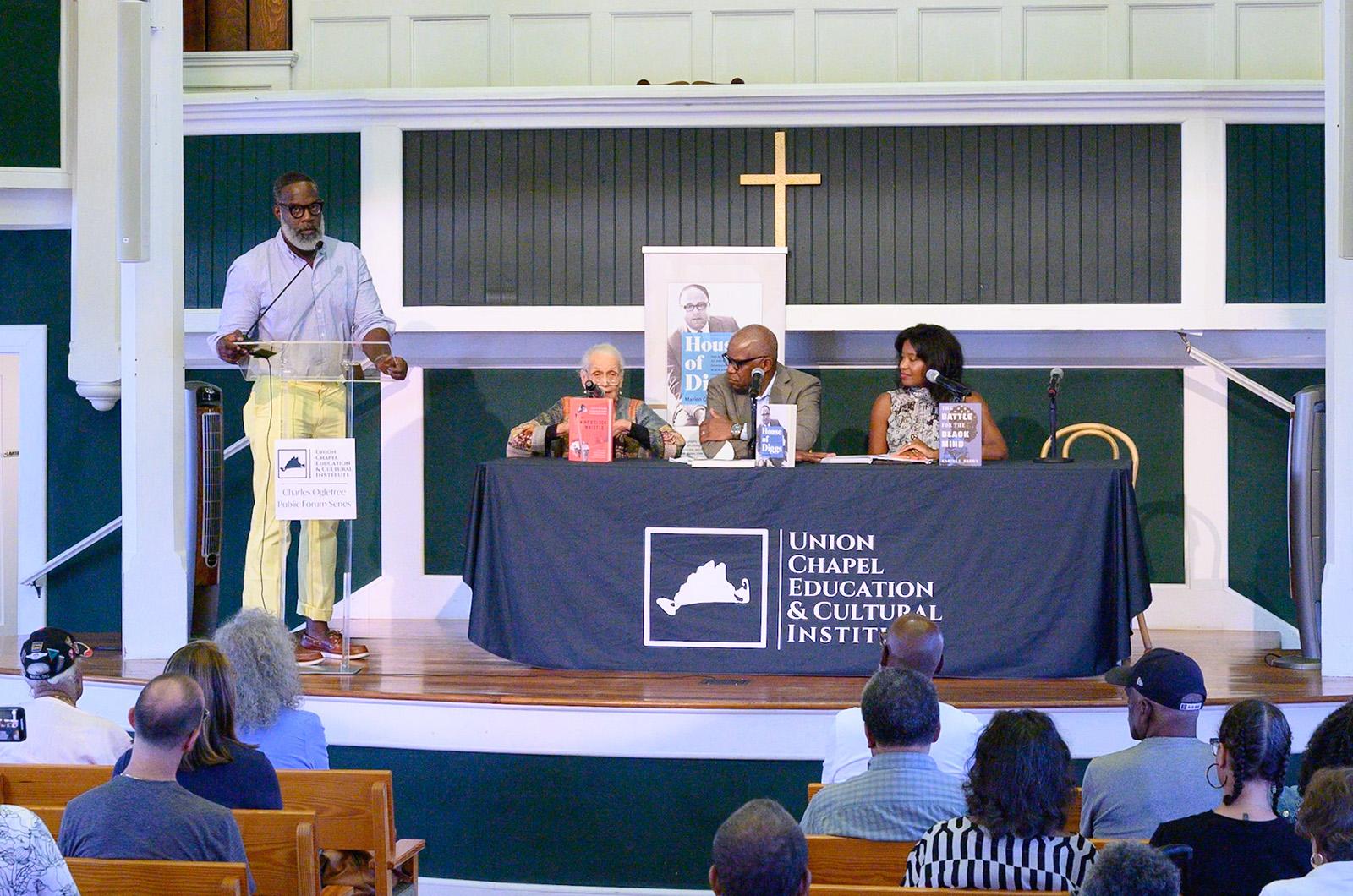 Charles Coleman Jr., Willa Cofield, Marion Orr and Dr. Karida Brown speaking at the Charles Ogletree Forum on Wednesday by Jeanna Shepard